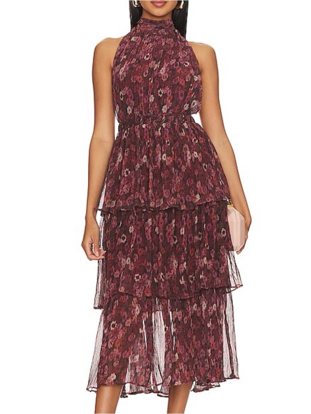 Sabina Musayev Burgundy Floral Halter Tiered Midi Dress